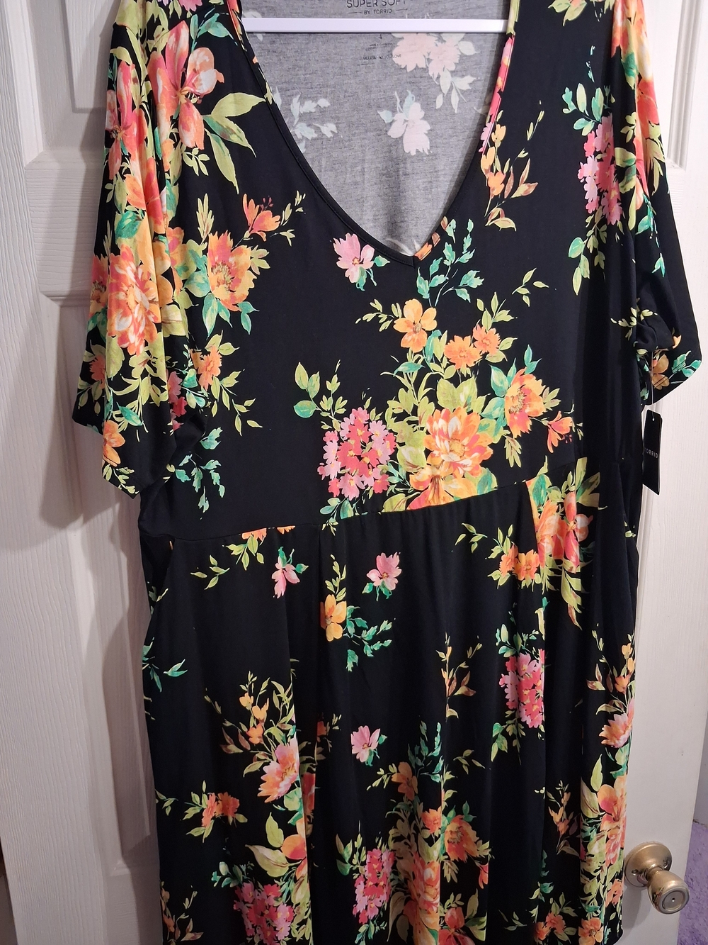 torrid Black V-Neck Floral Dress with Pink, Yellow and Green Blooms
